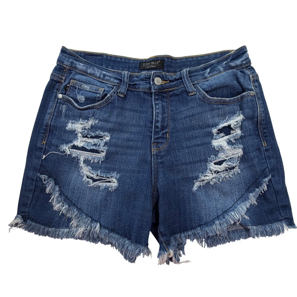 Judy Blue Denim Shorts Women Large Distressed Frayed Hem High Rise Blue Cutoffs